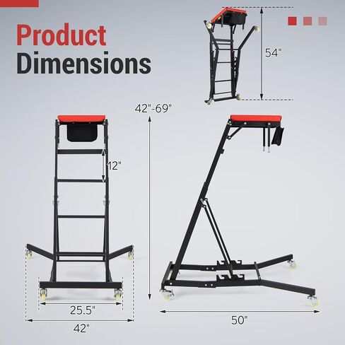 Topside Automotive Engine Creeper, Foldable Mechanic Creeper with 42"-69" Adjustable Height, Casters & Tool Pouch, 400 LBS Capacity Creeper for Truck, SUV & Garage Repair, Black & Red in Kuwait