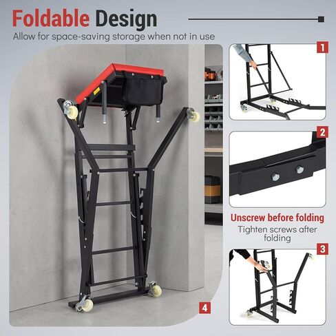 Topside Automotive Engine Creeper, Foldable Mechanic Creeper with 42"-69" Adjustable Height, Casters & Tool Pouch, 400 LBS Capacity Creeper for Truck, SUV & Garage Repair, Black & Red in Kuwait