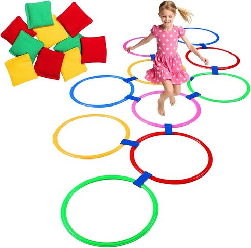 Multi-Game Hopscotch Set with Toss Bean Bags, Hopscotch Ring Game for Kids, Outdoor Physical Games Promoting Coordination, Durable Playground Toys for Boys and Girls in Kuwait