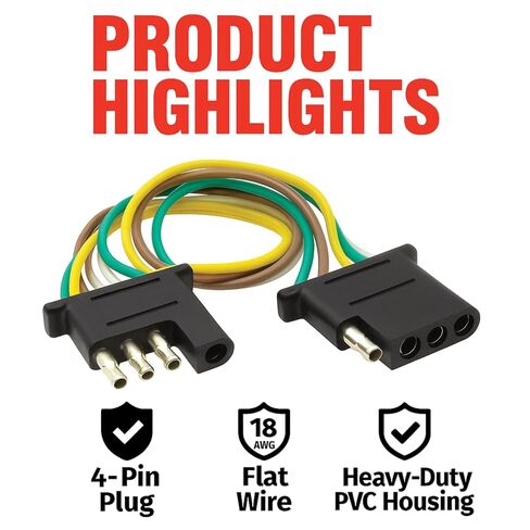 Trailer Light Wiring Harness Extension – 4-Pin Plug, 18 AWG Flat Wire Connector – Heavy-Duty PVC Housing – No Splice Required, Corrosion Resistant, Universal Fit (2 Feet) in Kuwait