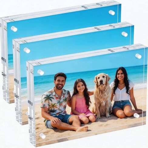 3 Packs 6x8 Inch Acrylic Picture Frames, 20mm Thickness Magnetic Photo Frame, Clear Freestanding Double Sided Frameless Transparent Tabletop Acrylic Frame Stand for Desktop Display in Saudi Arabia