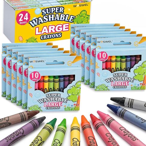 WOSWEL Super Washable Jumbo Crayons Bulk, 24 Pack Crayons with 10 Bright Colors, Non-Toxic Easy-Grip for Toddlers 1-3 & Kids Ages 4-8, Safe Art Supplies for Coloring Books & School Projects in Kuwait