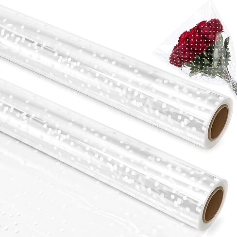yarlung 2 Pack 33 Inch x 100 Feet Clear Cellophane Wrap Roll with White Dot, Folded Thick Transparent Gift Wrapping Paper for Gift Baskets, Candy Treats, Flower Bouquets, Arts Crafts in Kuwait