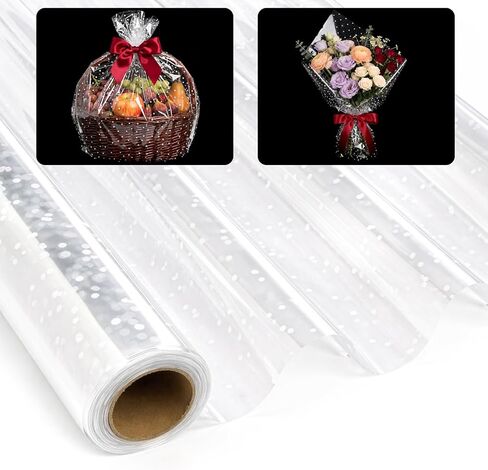 yarlung 2 Pack 33 Inch x 100 Feet Clear Cellophane Wrap Roll with White Dot, Folded Thick Transparent Gift Wrapping Paper for Gift Baskets, Candy Treats, Flower Bouquets, Arts Crafts in Kuwait