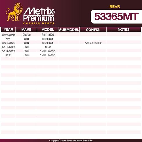 أجزاء الهيكل الفاخرة من Metrix - شريط المسار الخلفي يناسب 2009-2010 Dodge Ram 1500، 2020-2025 Jeep Gladiator، 2011-2025 Ram 1500، 2019-2022، 2024 Ram 1500 Classic، استبدال RK661215، صنع في أوروبا in Kuwait