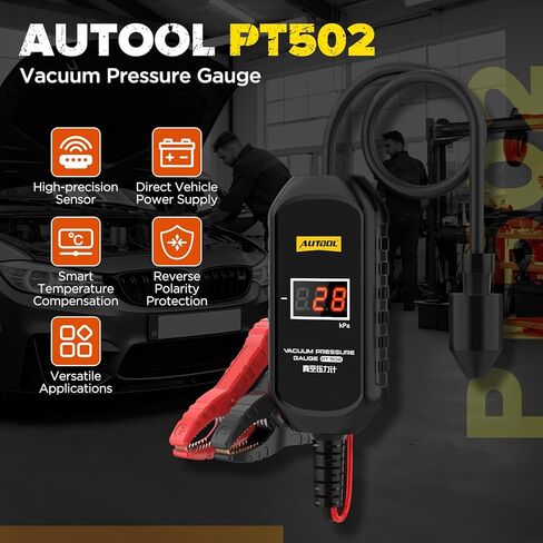 AUTOOL PT502 Digital Vacuum Pressure Gauge, Automotive Vacuum Leak Tester with Temperature Compensation, 101kPa High Accuracy Engine Intake Exhaust EGR Diagnostic Tool, 12V Car Powered in Kuwait