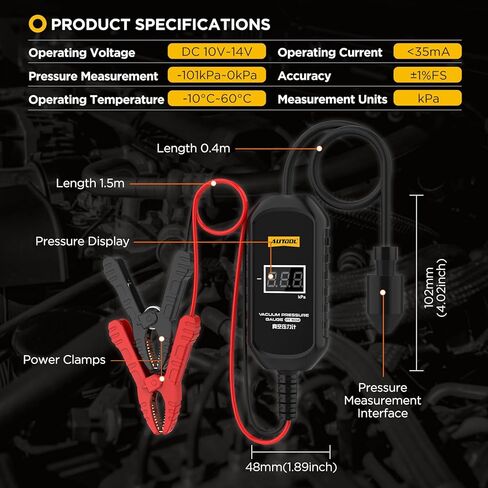 AUTOOL PT502 Digital Vacuum Pressure Gauge, Automotive Vacuum Leak Tester with Temperature Compensation, 101kPa High Accuracy Engine Intake Exhaust EGR Diagnostic Tool, 12V Car Powered in Kuwait