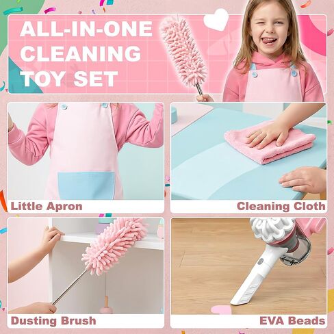 SMILESSKIDDO Kids Vacuum That Really Works - 3-in-1 Vacuum Toy with Real Suction, Toddler Cleaning Toy Set with Cleaning Cloth, Apron, Duster & Colorful Beads, Housekeeping Toy for Kids in Kuwait