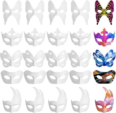 40 Pcs White Half Face Masquerade Mask, DIY Unpainted Paper Mache Craft Masks with Elastic Strap for Halloween Cosplay Mardi Gras Party (5 Styles) in Kuwait