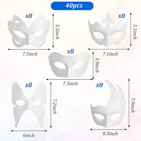 40 Pcs White Half Face Masquerade Mask, DIY Unpainted Paper Mache Craft Masks with Elastic Strap for Halloween Cosplay Mardi Gras Party (5 Styles) in Kuwait