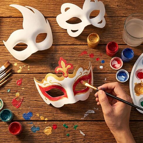 40 Pcs White Half Face Masquerade Mask, DIY Unpainted Paper Mache Craft Masks with Elastic Strap for Halloween Cosplay Mardi Gras Party (5 Styles) in Kuwait
