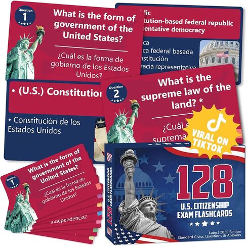 US Citizenship Flash Cards 2026, 128 USCIS Civics Test Questions and Answers, Bilingual English and Spanish Study Guide, Tarjetas de Ciudadania 2026, Preguntas para La Ciudadania 2026 in Kuwait