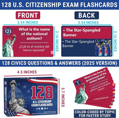 US Citizenship Flash Cards 2026, 128 USCIS Civics Test Questions and Answers, Bilingual English and Spanish Study Guide, Tarjetas de Ciudadania 2026, Preguntas para La Ciudadania 2026 in Kuwait