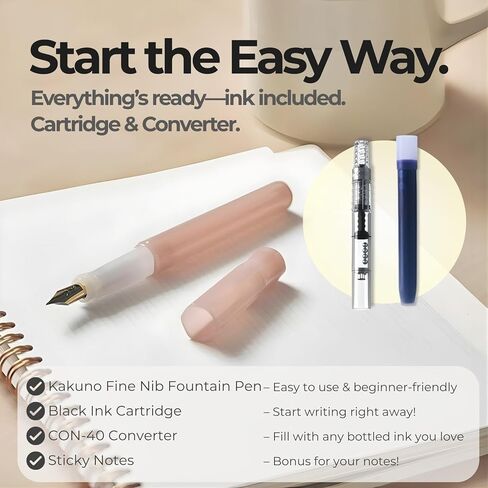 Fountain Pen Set, Kakuno Fine Fountain Pen Madoromi Color Series Pink (PFKA-1MDPF), CON-40 Screw-Type Converter, 6-Color Sticky Notes, for Beginners, Hand Lettering, Made in Japan in Saudi Arabia