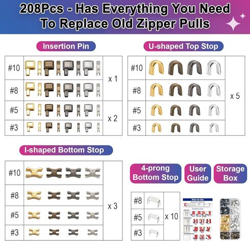 مجموعة إصلاح السحاب MAPVOLUT 208 قطعة مع صندوق التجنيب ودبابيس الإدخال - بديل منزلق سحاب عالمي للسترات وحقائب الظهر والأحذية الطويلة والخيام - إصلاحات #3، #5، #8، #10 السوستة المعدنية والنايلون والبلاستيك in Kuwait