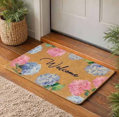 Floral Welcome Door Mat 30x17 Inch, Hydrangea Faux Coir Doormat, Non-Slip Indoor Outdoor Entryway Rug, Spring Flower Front Porch Mat, Dirt Trapping Welcome Mat for Home Patio Apartment Gift in Kuwait