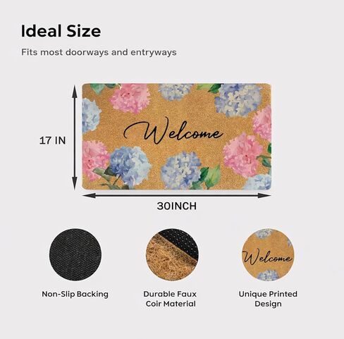 Floral Welcome Door Mat 30x17 Inch, Hydrangea Faux Coir Doormat, Non-Slip Indoor Outdoor Entryway Rug, Spring Flower Front Porch Mat, Dirt Trapping Welcome Mat for Home Patio Apartment Gift in Kuwait