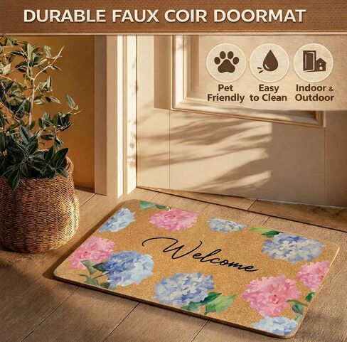 Floral Welcome Door Mat 30x17 Inch, Hydrangea Faux Coir Doormat, Non-Slip Indoor Outdoor Entryway Rug, Spring Flower Front Porch Mat, Dirt Trapping Welcome Mat for Home Patio Apartment Gift in Kuwait