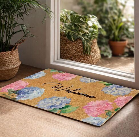 Floral Welcome Door Mat 30x17 Inch, Hydrangea Faux Coir Doormat, Non-Slip Indoor Outdoor Entryway Rug, Spring Flower Front Porch Mat, Dirt Trapping Welcome Mat for Home Patio Apartment Gift in Kuwait