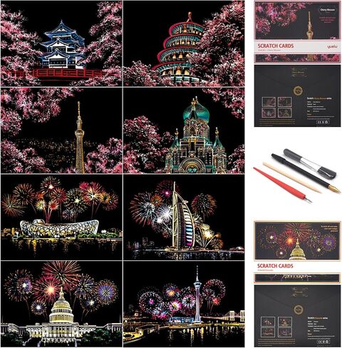 Scratch Art for Adults-City Landmarks Scratch Painting Paper Craft Kit (8 Sheets A4)|DIY Foil Engraving Art Set|Stress Relief Gift for Travel Lovers,Craft Lovers,Home Decor(America/Europe) in Kuwait