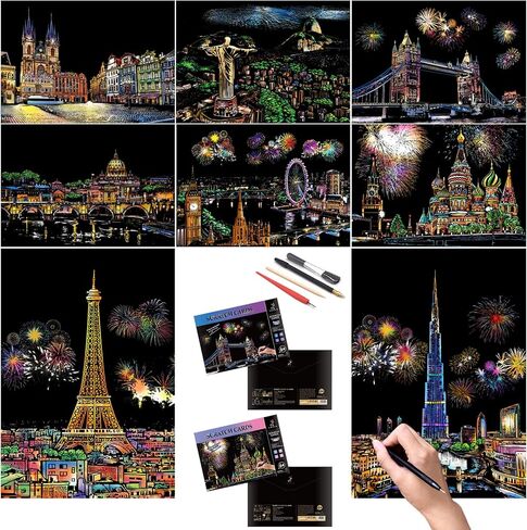 Scratch Art for Adults-City Landmarks Scratch Painting Paper Craft Kit (8 Sheets A4)|DIY Foil Engraving Art Set|Stress Relief Gift for Travel Lovers,Craft Lovers,Home Decor(America/Europe) in Kuwait