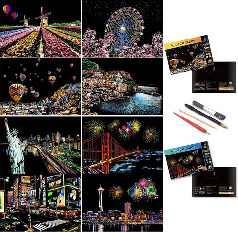 Scratch Art for Adults-City Landmarks Scratch Painting Paper Craft Kit (8 Sheets A4)|DIY Foil Engraving Art Set|Stress Relief Gift for Travel Lovers,Craft Lovers,Home Decor(America/Europe) in Kuwait