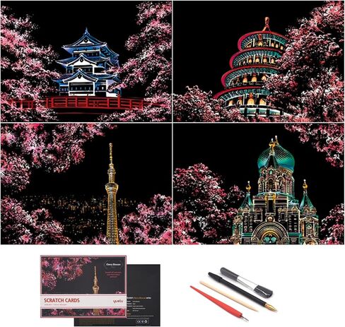 Scratch Art for Adults-City Landmarks Scratch Painting Paper Craft Kit (8 Sheets A4)|DIY Foil Engraving Art Set|Stress Relief Gift for Travel Lovers,Craft Lovers,Home Decor(America/Europe) in Kuwait