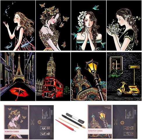 Scratch Art for Adults-City Landmarks Scratch Painting Paper Craft Kit (8 Sheets A4)|DIY Foil Engraving Art Set|Stress Relief Gift for Travel Lovers,Craft Lovers,Home Decor(America/Europe) in Kuwait