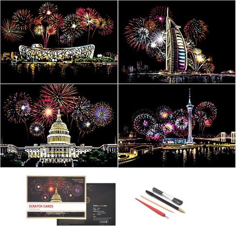 Scratch Art for Adults-City Landmarks Scratch Painting Paper Craft Kit (8 Sheets A4)|DIY Foil Engraving Art Set|Stress Relief Gift for Travel Lovers,Craft Lovers,Home Decor(America/Europe) in Kuwait