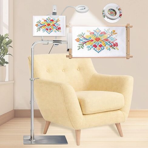 Needlepoint Stand, Adjustable Embroidery Stand & Cross Stitch Floor Stand with Lighted Magnifier, Heavy Duty Metal Frame Stand Holder for Hoops, Q-Snap & Scroll Rods up to 20" Wide in Kuwait