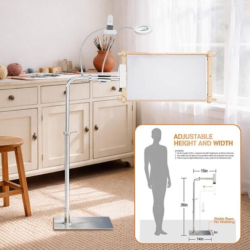 Needlepoint Stand, Adjustable Embroidery Stand & Cross Stitch Floor Stand with Lighted Magnifier, Heavy Duty Metal Frame Stand Holder for Hoops, Q-Snap & Scroll Rods up to 20" Wide in Kuwait