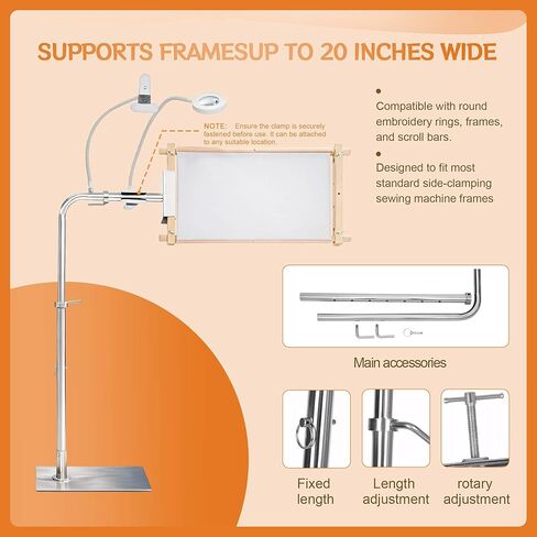 Needlepoint Stand, Adjustable Embroidery Stand & Cross Stitch Floor Stand with Lighted Magnifier, Heavy Duty Metal Frame Stand Holder for Hoops, Q-Snap & Scroll Rods up to 20" Wide in Kuwait