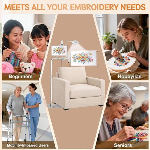 Needlepoint Stand, Adjustable Embroidery Stand & Cross Stitch Floor Stand with Lighted Magnifier, Heavy Duty Metal Frame Stand Holder for Hoops, Q-Snap & Scroll Rods up to 20" Wide in Kuwait