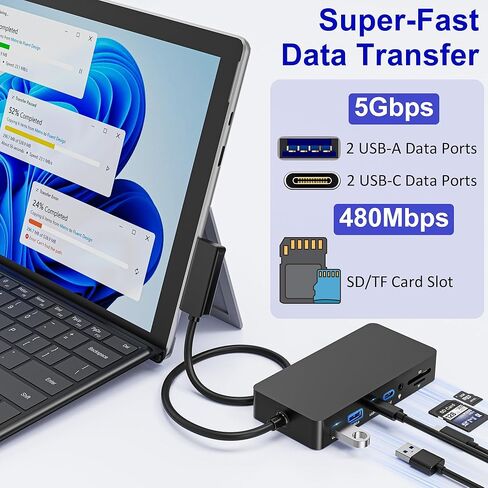 محطة إرساء Surface Pro 9 مع محول HDMI 4K، USB 3.1 Thunderbolt 4 (فيديو + 40 جيجابت في الثانية + شحن 100 وات)، شبكة محلية إيثرنت 100 متر، USB 3.0، قارئ بطاقة SD TF، محول صوت لجهاز Microsoft Surface Pro 11/10/9/X in Kuwait
