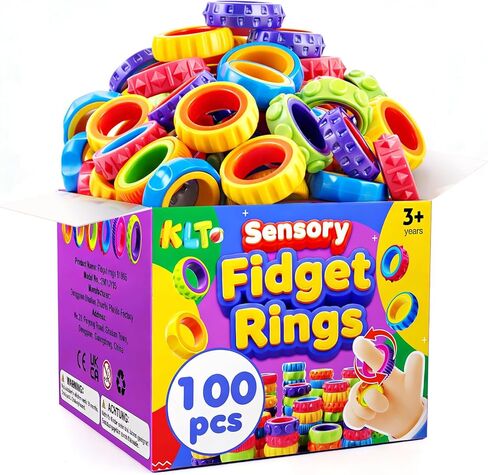 KLT Fidget Toys Bulk for Kids: 100 Pack Textured Spinner Rings - Fun Fidgets for Student Classroom Prize - Small Stress Toys for Autism Calming - Goodie Bags Stuffers for Party Favors in Kuwait