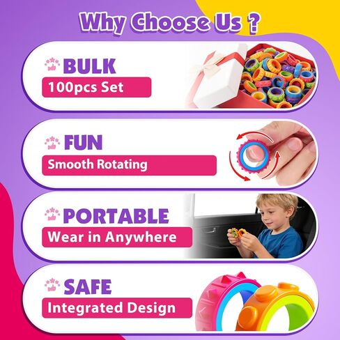 KLT Fidget Toys Bulk for Kids: 100 Pack Textured Spinner Rings - Fun Fidgets for Student Classroom Prize - Small Stress Toys for Autism Calming - Goodie Bags Stuffers for Party Favors in Kuwait