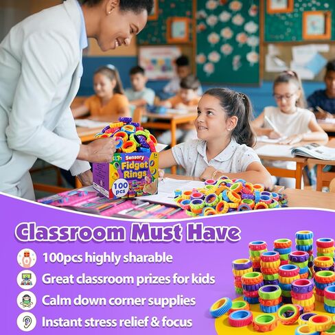 KLT Fidget Toys Bulk for Kids: 100 Pack Textured Spinner Rings - Fun Fidgets for Student Classroom Prize - Small Stress Toys for Autism Calming - Goodie Bags Stuffers for Party Favors in Kuwait