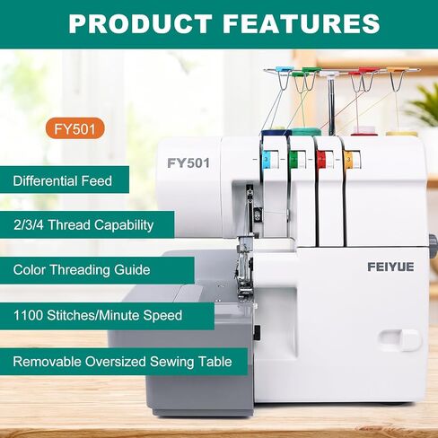 FEIYUE FY501 Serger Overlock Machine, 2/3/4 Thread Sewing Machine with Differential Feed, Built-in Rolled Hem, Free Arm, Metal Frame & 1,100 SPM for Home Sewing in Kuwait