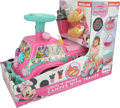 Kiddieland Minnie Mouse Lights & Sounds Camper Ride-On with Trailer, Interactive Foot-to-Floor Toddler Toy, Ages 12–36 Months, Storage, Pretend Play Accessories in Kuwait