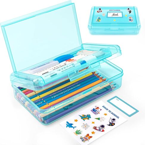 Double Layer Translucent Plastic Pencil Box,Hard Clear Pencil Case with Snap-Tight Lid for Pen, Pencils, School Office Supplies Marker Crayon Organizer Storage Box,Standard Size (Blue) in Kuwait