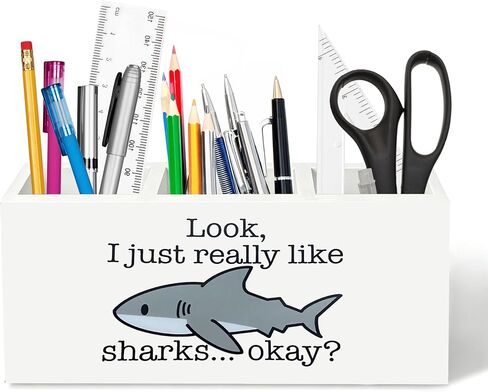 Shark Lover Gifts Pen Holder for Desk, I Just Really Like Sharks Okay Wooden Box Sign Desk Decor for Kids Room Home Office Decoration, Funny Coastal Beach Fish Pencil Organizer in Kuwait