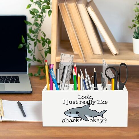 Shark Lover Gifts Pen Holder for Desk, I Just Really Like Sharks Okay Wooden Box Sign Desk Decor for Kids Room Home Office Decoration, Funny Coastal Beach Fish Pencil Organizer in Kuwait