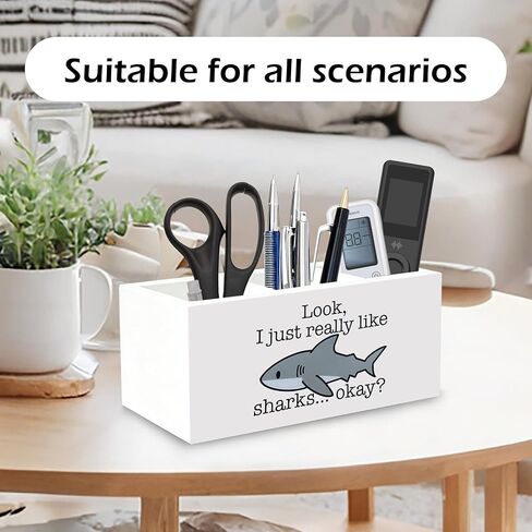 Shark Lover Gifts Pen Holder for Desk, I Just Really Like Sharks Okay Wooden Box Sign Desk Decor for Kids Room Home Office Decoration, Funny Coastal Beach Fish Pencil Organizer in Kuwait