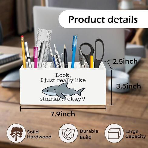Shark Lover Gifts Pen Holder for Desk, I Just Really Like Sharks Okay Wooden Box Sign Desk Decor for Kids Room Home Office Decoration, Funny Coastal Beach Fish Pencil Organizer in Kuwait