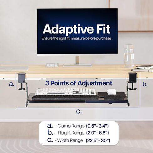 VIVO Large Height and Width Adjustable Under Desk Keyboard Tray, C-clamp Mount System, 22.5" to 30" (28.5" to 36" Including Clamps) x 11 inch Slide-Out Platform for Typing, Black, Mount-KBST1 in Kuwait