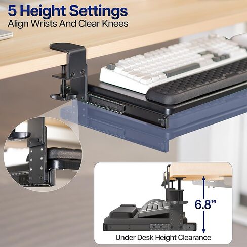 VIVO Large Height and Width Adjustable Under Desk Keyboard Tray, C-clamp Mount System, 22.5" to 30" (28.5" to 36" Including Clamps) x 11 inch Slide-Out Platform for Typing, Black, Mount-KBST1 in Kuwait