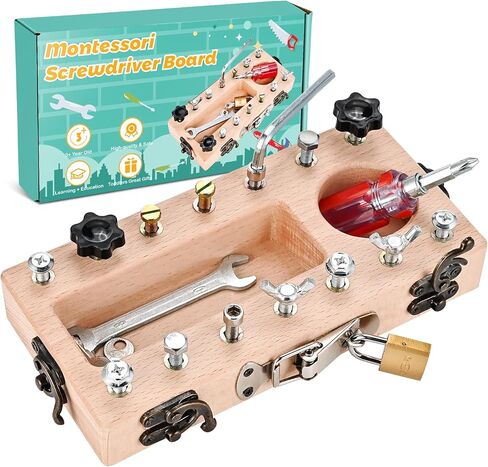 Montessori Screwdriver Board Set with Lock and Key, Montessori Toys for 3 4 5 Year Old, Wooden Screw Driver Activities Tools, Fine Motor Skills Preschool Learning Sensory Toy in Kuwait