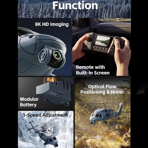 L2 Military RC Helicopter with 8K Camera & Built-in Screen Remote,Maintain Altitude Brushless Motor,with Optical Flow Hover,3-Speed,Hand Controlled Gesture RC Aircraft for Adults(Three Batteries) in Kuwait