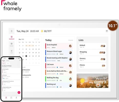 تقويم حائط رقمي مقاس 10.1 بوصة من Whale Framely، جدول عائلي ذكي ومخطط مهام، مخطط وجبات، مخطط حائط بشاشة تعمل باللمس IPS FHD مع تدوير تلقائي، منظم حائط، هدية لعيد الأب/الجد in Kuwait