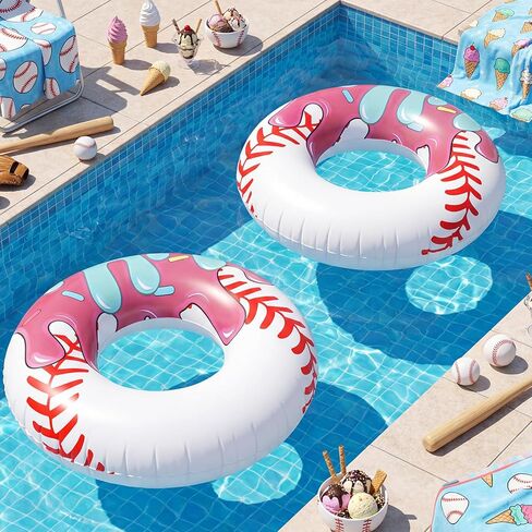 2 Pcs Ice Cream Drip Baseball Pool Floats 42.5 Inch Inflatable Swim Rings Summer Beach Pool Toys for Adult Ice Cream Baseball Party Themed Birthday Bridal Shower Party Supplies in Kuwait